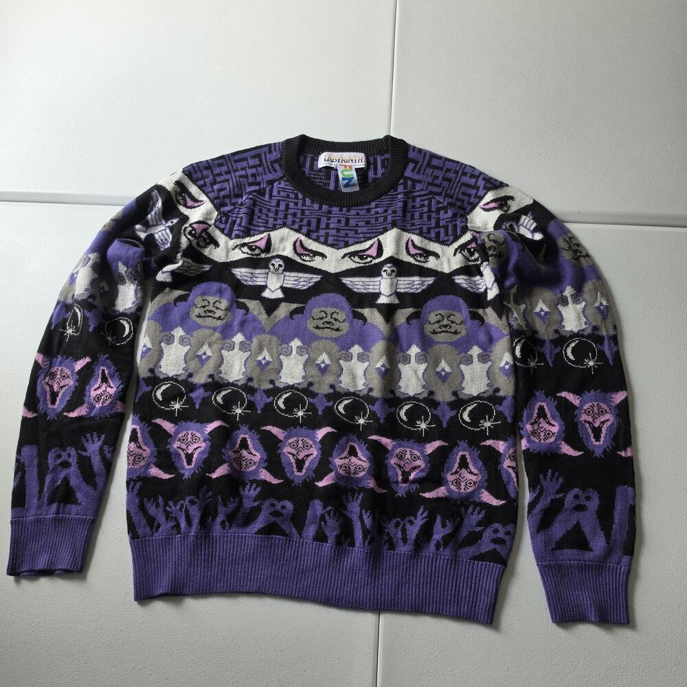 FUN Labyrinth Sweater Mens Small Purple Acrylic Graphic Knit Halloween Movie